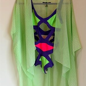 Agent Provocateur Neon Green Purple and Hot Pink Cutout One-Piece Swimsuit